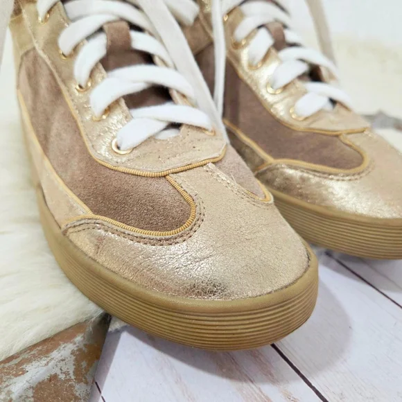 Tory Burch Evelin high top sneakers Sahara Gold metallic leather women's size 7 - Picture 5 of 9